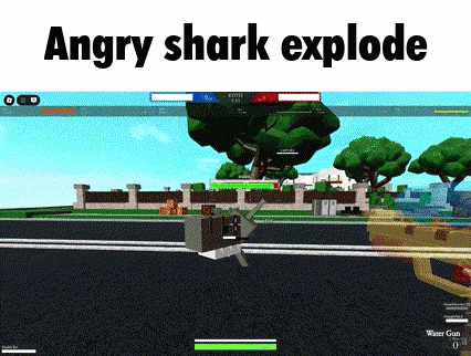 a screenshot of a video game with the words angry shark explode on the bottom