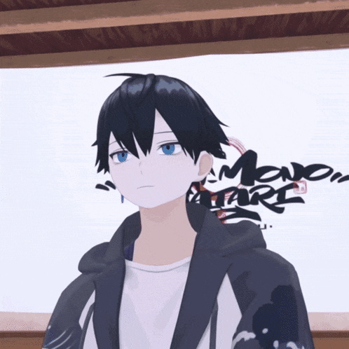 a boy with blue eyes is standing in front of a sign that says monomi