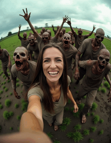 a woman is taking a selfie with a crowd of zombies behind her