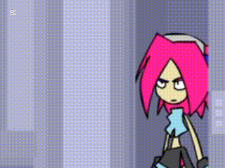 a cartoon character with pink hair is standing next to a striped wall .