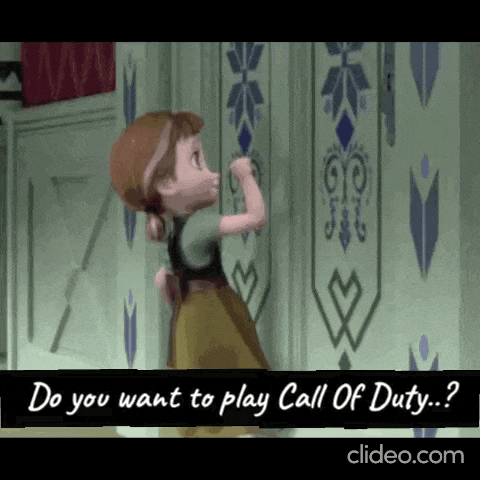 a cartoon of anna from frozen asking do you want to play call of duty ?