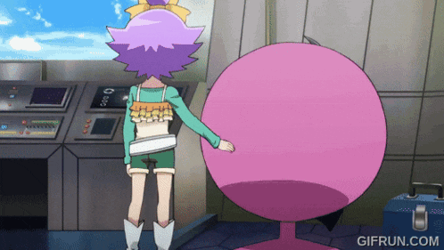 a girl with purple hair is standing next to a pink ball with gifrun.com in the corner