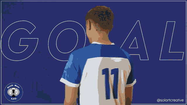 a man in a blue and white striped shirt holds his finger to his mouth with the word goal behind him