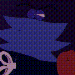 a close up of a cartoon character with a blue hat and a purple face .