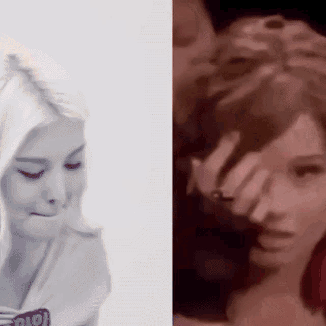 a black and white photo of a woman 's face and a painting of a woman 's face .