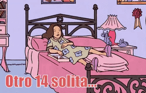a cartoon of a woman laying on a bed with the words " otro 14 solita " below her