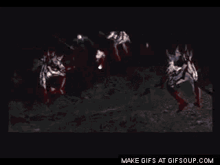 a zombie is holding a gun in his hand in a dark room with blood coming out of his mouth .