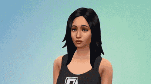 a woman with long black hair is wearing a black tank top with a letter t on it
