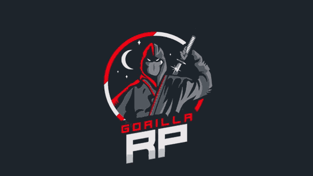 a logo for gorilla rp shows a man in a hood holding a sword