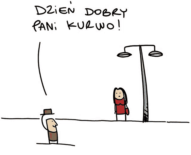 a drawing of a man and a woman with the words dzien dobry pani kurwo