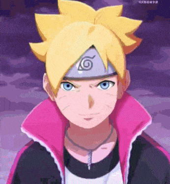 a boy with yellow hair and blue eyes is wearing a headband with a spiral on it .