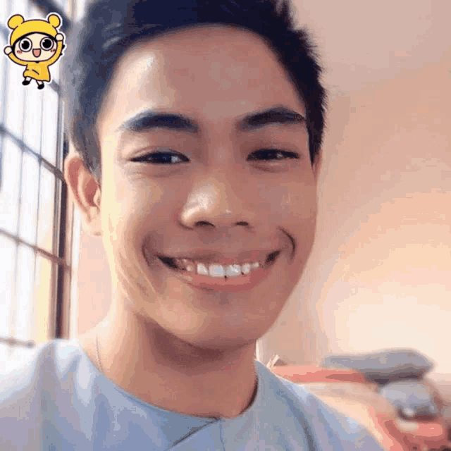 a close up of a man 's face with a sticker of a bear behind him