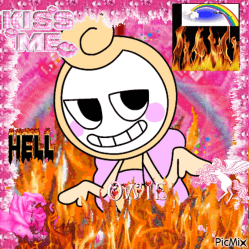 a picture of a cartoon character with the words kiss me hell on the bottom