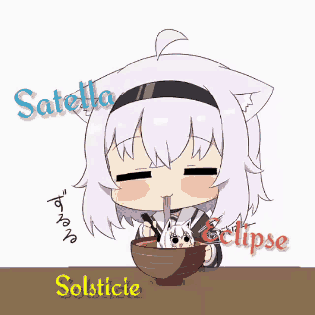 a cartoon of a girl eating from a bowl with the words satella solstice eclipse written on the bottom