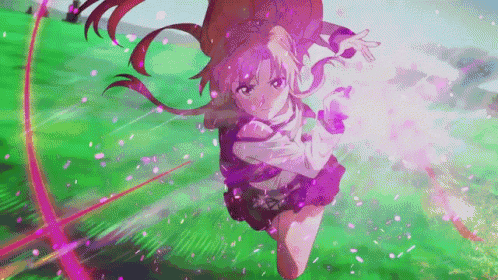 a girl with purple hair is flying through the air in a field surrounded by cherry blossoms .