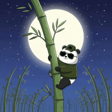 a panda bear wearing sunglasses is climbing a bamboo tree at night