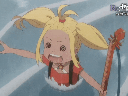 a girl in a ponytail is holding a bow and arrow in front of a re zero logo