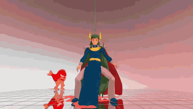 a cartoon character is sitting on a throne with a red devil behind her