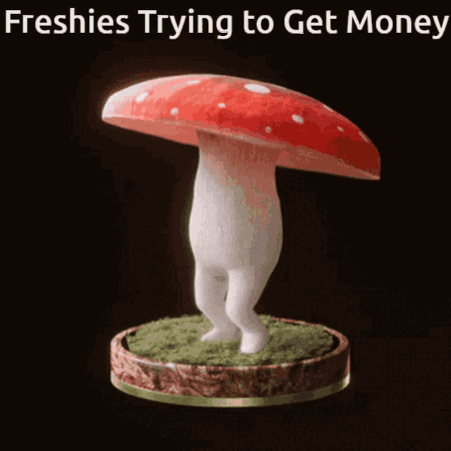 a picture of a mushroom with the words freshies trying to get money above it