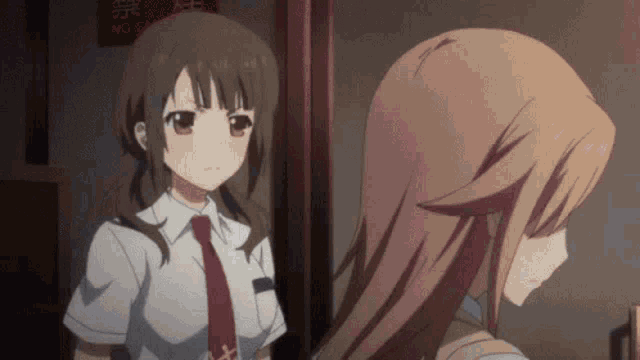 two anime girls are standing next to each other in front of a sign that says ' a ' on it