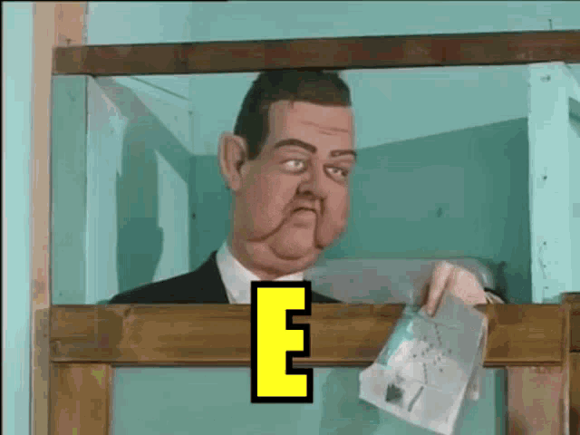 a man in a suit and tie is holding a piece of paper with the letter e above him