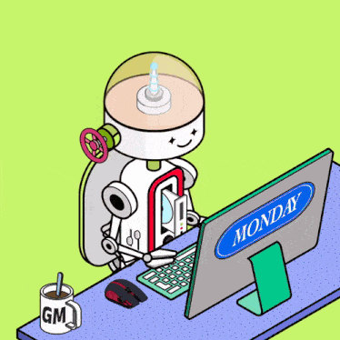 a cartoon drawing of a robot sitting at a desk with a computer monitor that says monday