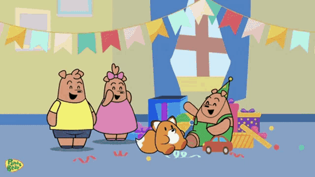 a group of cartoon characters with a party bear logo on the bottom