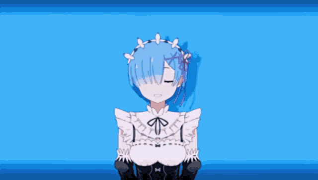 a girl with blue hair is sitting on a blue surface