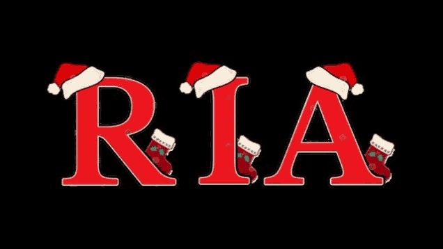 the word ria is written in red letters with santa hats and socks on them .