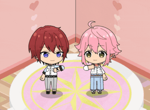 two anime characters standing next to each other on a pink circle