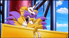 a cartoon fox with a skull on its head and purple tail