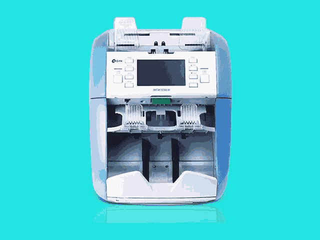 a blue and white machine with a screen that says montech