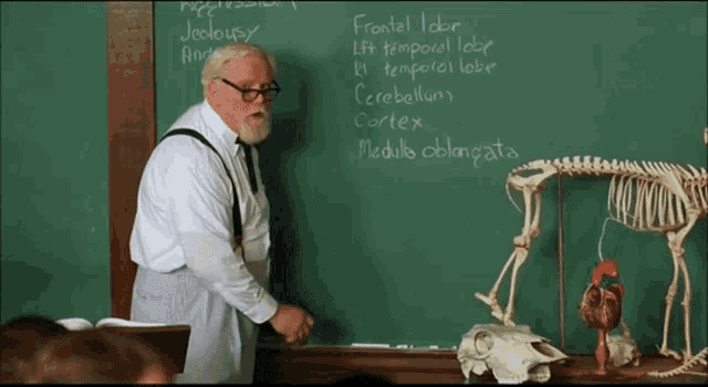 a man stands in front of a chalkboard with the words frontal lobe on it