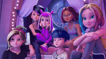 a group of cartoon girls are posing for a picture .