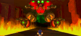 sonic the hedgehog is fighting a robot in a video game in front of a fire .