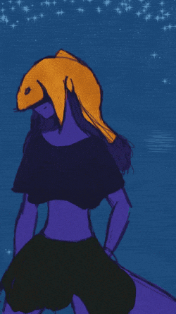 a drawing of a person with a fish head on their head