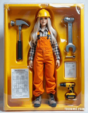 a yellow box contains a doll wearing orange overalls and a hard hat with tools including a hammer and wrench