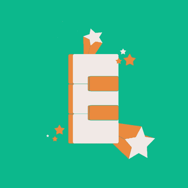 the letter e is surrounded by stars and boxes