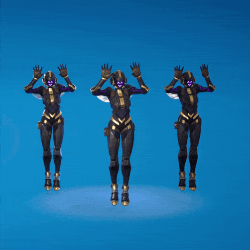 three purple and gold robots jumping in the air