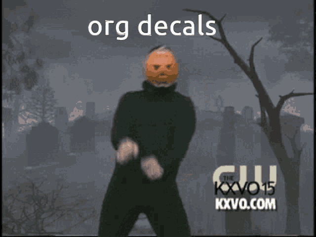 a man with a pumpkin on his head is dancing in front of a cemetery and the words org decals
