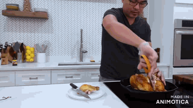 a man in a black shirt is cutting a chicken with scissors in a kitchen made in animotica