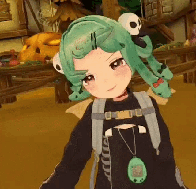 a cartoon girl with green hair and skulls in her hair is wearing a black shirt and a backpack .