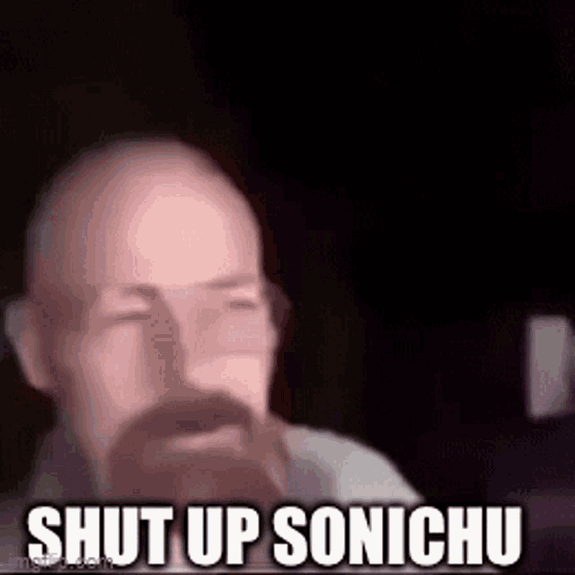 a bald man with a beard and glasses is saying shut up sonichu .