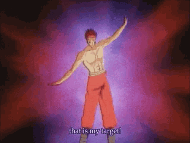 a cartoon character is standing in front of a purple background and saying `` that is my target ! ''
