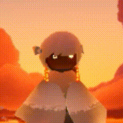 a cartoon character is standing in front of a desert landscape .