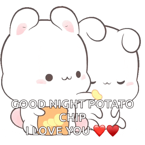 a couple of rabbits sitting next to each other with the words " good night potato chip i love you " on the bottom
