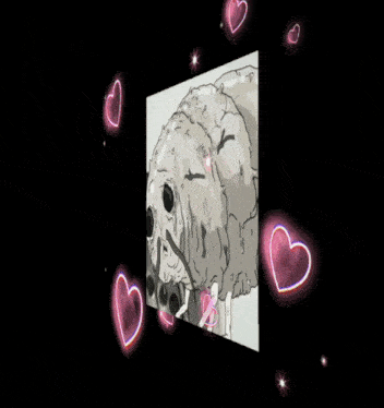 a drawing of a worm with pink hearts around it