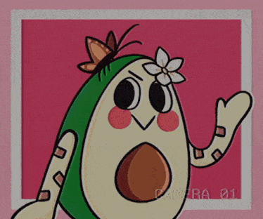 a cartoon of an avocado with a flower on its head is displayed on a pink background