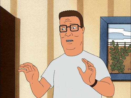 a cartoon character with glasses and a white shirt stands in front of a picture