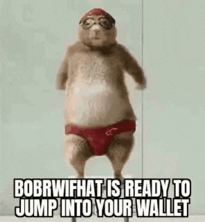 a hamster wearing red underwear and glasses is jumping into a wallet .